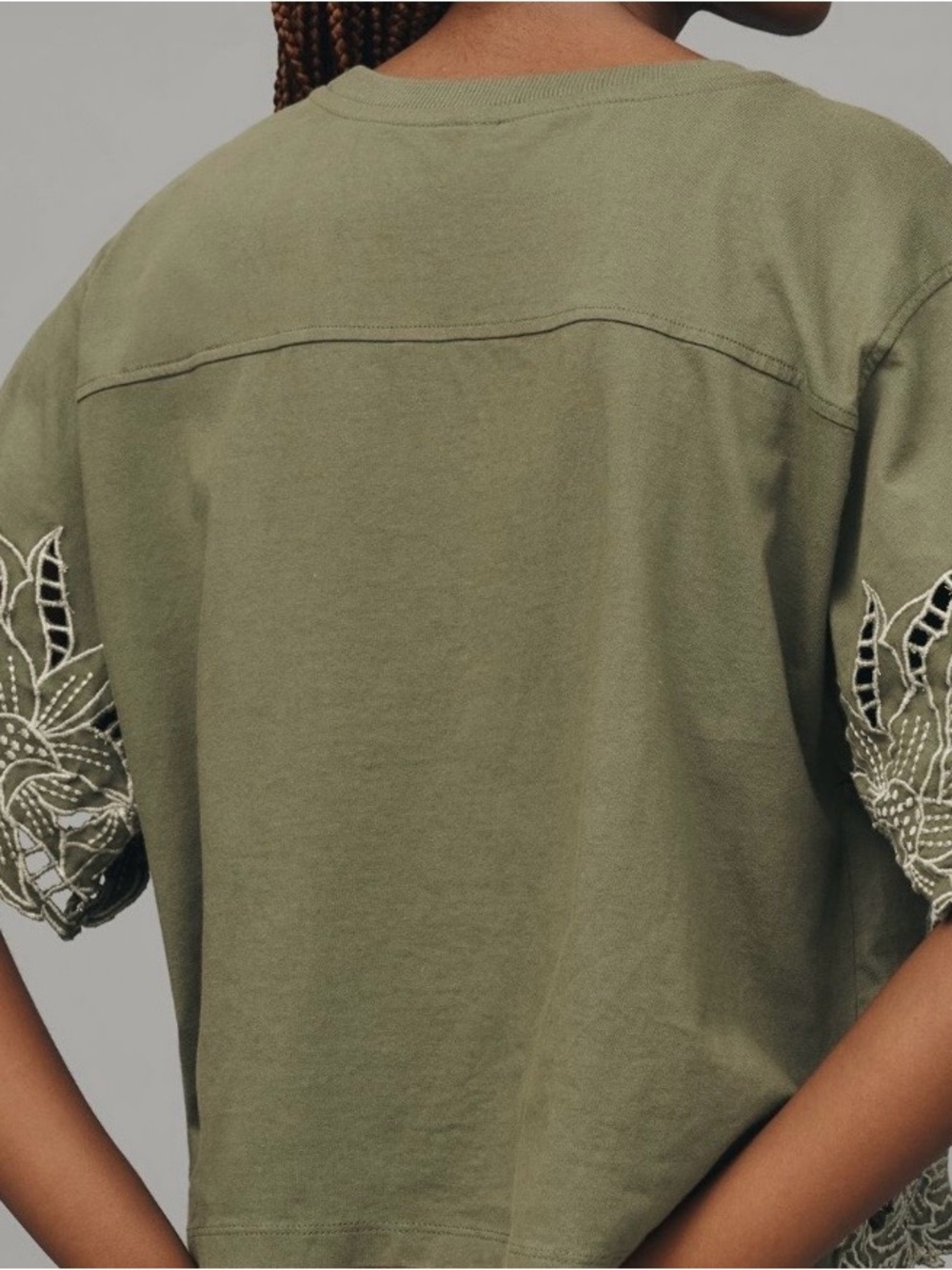 Anthropologie Olive Green Embroidered Cutwork Short Sleeve Top - Picture 8 of 8